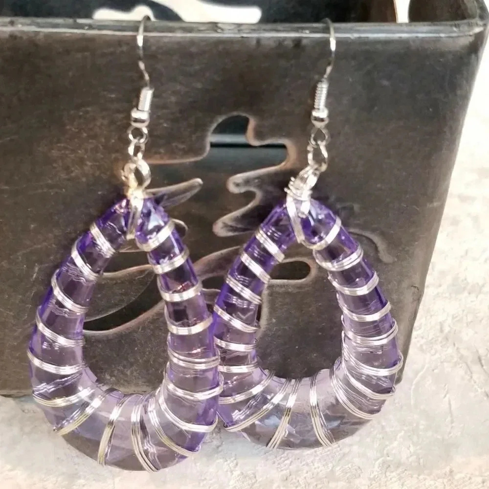 Retro 80s Disco Statement Purple Lucite Open Teardrop Wire Wrap Earrings